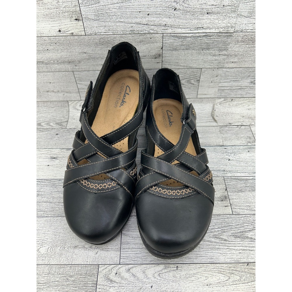 Clarks Collection Leisa Jems Black Leather Strappy Mary Jane Flats‎ Womens 7 M